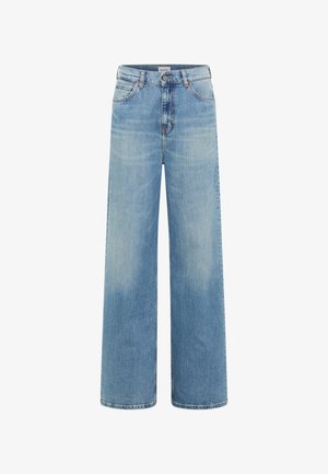 Light blue wide-leg jeans made of denim, featuring a high waist, five pockets, and subtle fading details. Classic zipper and button closure.