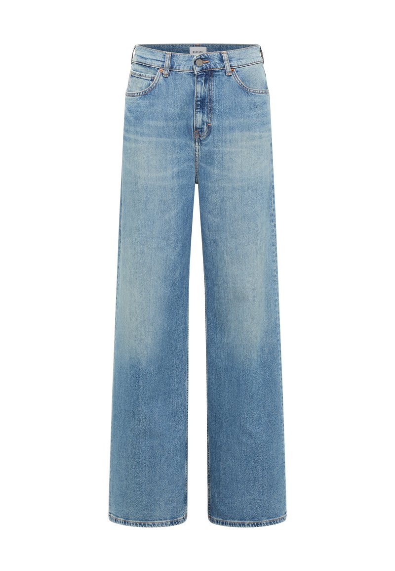 Vaqueros de denim de pierna ancha color azul claro, con una cintura alta, cinco bolsillos y detalles de desvanecimiento sutil. Cierre clásico de cremallera y botón.