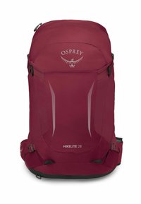 Zaino borgogna con una texture liscia e resistente, dotato di un ampio scomparto principale, logo e dettagli riflettenti per una maggiore visibilità.