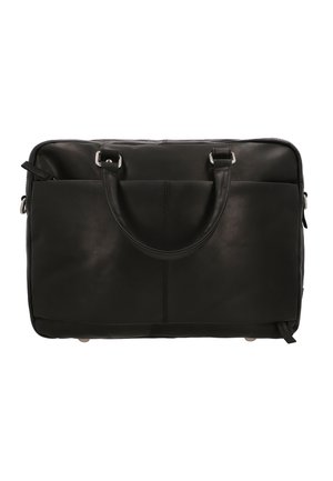 Malette en cuir noir avec poignées supérieures, design épuré, détail de couture verticale et un compartiment zippé. Accents en métal argenté.