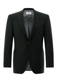 Eleganter schwarzer Herrenblazer mit eingekerbtem Revers, zwei vorderen Knöpfen, Pattentaschen und einem glatten grauen Innenfutter.