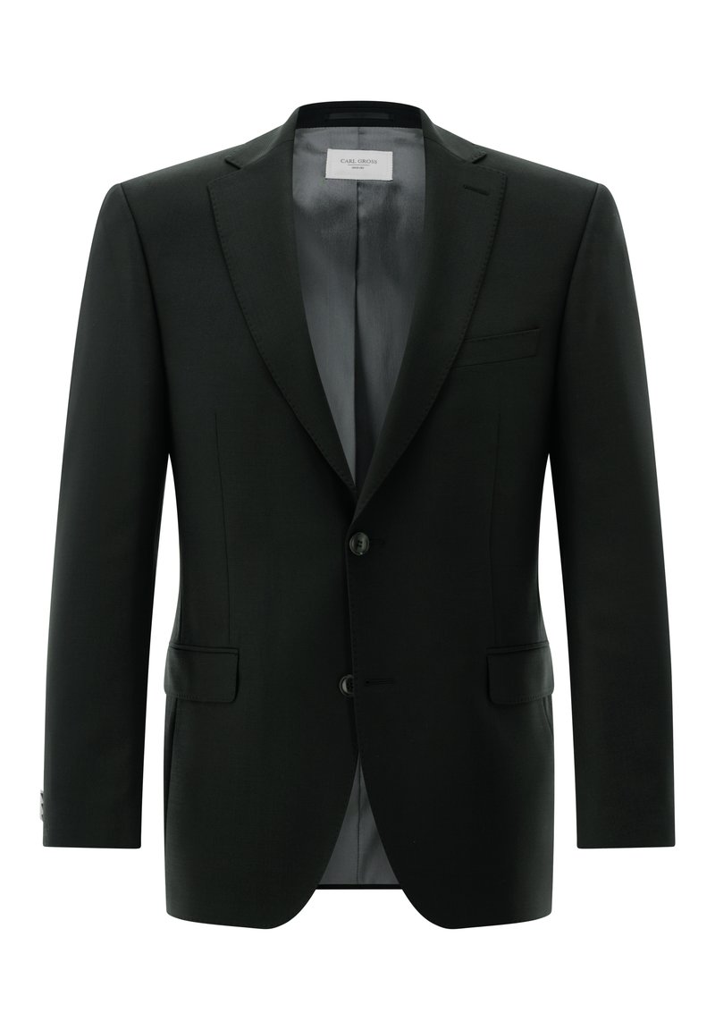 Eleganter schwarzer Herrenblazer mit eingekerbtem Revers, zwei vorderen Knöpfen, Pattentaschen und einem glatten grauen Innenfutter.