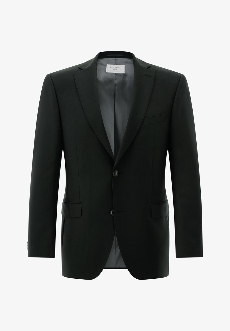 Eleganter schwarzer Herrenblazer mit eingekerbtem Revers, zwei vorderen Knöpfen, Pattentaschen und einem glatten grauen Innenfutter.