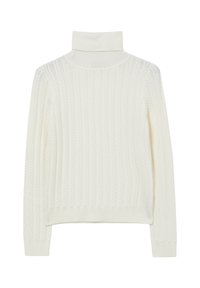Weißer, langärmeliger Rollkragenpullover mit gerippter Textur und Kabelstrickmuster. Mit hohem Kragen und eng anliegenden Manschetten.