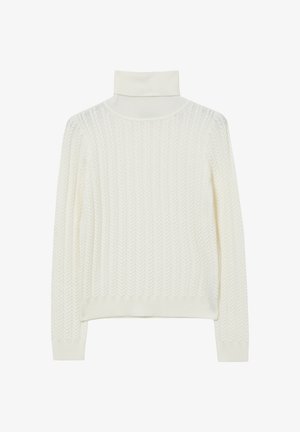 Maglione bianco a maniche lunghe con collo alto, in tessuto a costine e motivo a treccia. Presenta un collo alto e polsini aderenti.