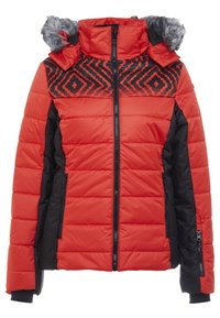 Veste d’hiver matelassée rouge et noire avec motif géométrique sur la poitrine, capuche amovible bordée de fausse fourrure grise et fermeture éclair devant.