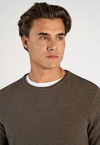 Ruskea, teksturoitu neulepaita, jossa on pyöreä kaula-aukko, käytetty valkoisen paidan päällä. Paidassa on tiukka leikkaus ja sileä kangas.