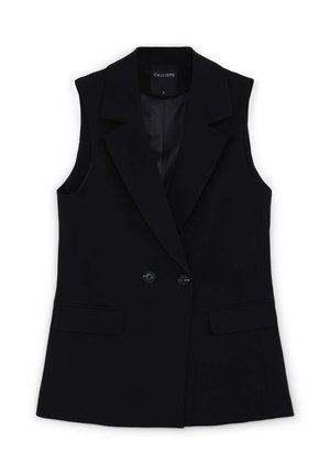 Schwarzer ärmelloser Blazer mit Reverskragen, zwei Vorderentaschen und Doppelknebelverschluss. Glatte Textur und taillierte Passform.