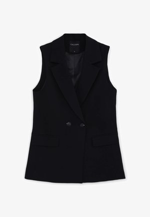 Schwarzer ärmelloser Blazer mit Reverskragen, zwei Vorderentaschen und Doppelknebelverschluss. Glatte Textur und taillierte Passform.