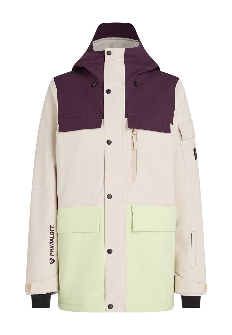 Lekka kurtka z purpurową górną częścią, kremowym korpusem i zieloną dolną częścią. Posiada wiele kieszeni oraz zamek błyskawiczny z przodu. Widoczne logo Primaloft.
