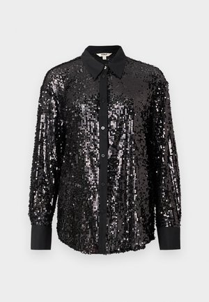 Zwarte pailletten knoopshirt met een kraag, lange mouwen en effen zwarte manchet. Glanzend, gestructureerd oppervlak met glinsterende pailletten.