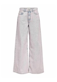 Jeans de mezclilla desgastada de cintura alta y pata ancha en azul claro, con cierre de botón en la parte frontal, cremallera y diseño clásico de cinco bolsillos.