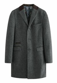 Grå uldfrakke med en brun fløjlskrave, tre knapper, to sidelommer og et for med blomstermønster. Struktureret stof med subtile mønstre.