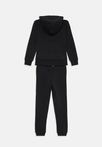 Black hoodie and sweatpants set; soft fabric, long sleeves, hooded design, ribbed cuffs and waistband, solid color, minimal detailing.