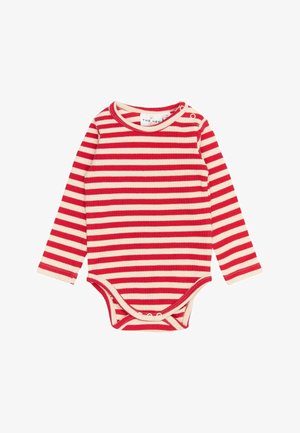 Punase ja kreemiliste triipudega pika varrukaga bodi, mis on valmistatud ribakangast ja mille õlgadel ja allosas on trukkide kinnitused, et riietamine oleks lihtne.