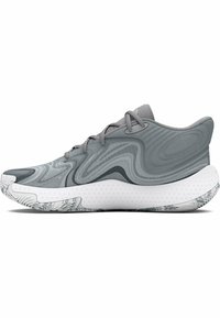 Lightweight athletic shoes with a smooth gray upper, textured patterns, and a white speckled sole featuring a marble-like design.