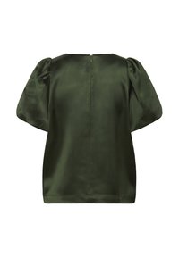 Top in satin verde oliva con maniche a palloncino corte e chiusura zip sul retro. Texture liscia, design semplice e scollatura rotonda.