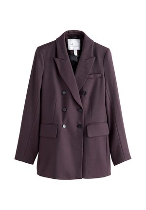 Veste blazer double boutonnage de couleur violet foncé avec revers à pointe, six boutons noirs, deux poches à rabat et une poche poitrine passepoilée, posée à plat sur un fond blanc.