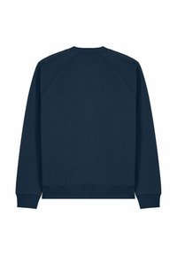 Felpa di cotone blu navy con scollo rotondo, polsini e orlo a costine. Presenta maniche raglan e una texture liscia. Vista posteriore mostrata.