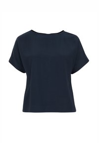 Top de manga corta azul marino con escote amplio, corte relajado y tejido texturizado. Diseño simple, sin herrajes ni acentos visibles.