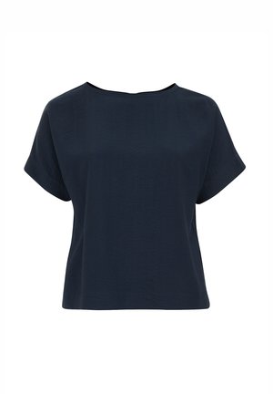 Top blu navy a maniche corte con scollatura ampia, vestibilità comoda e tessuto strutturato. Design semplice, senza hardware o dettagli visibili.