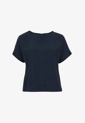 Granatowa bluzka z krótkim rękawem, o szerokim dekolcie, luźnym kroju i teksturowanym materiale. Prosty krój, bez widocznych elementów metalowych ani akcentów.