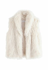 Hvid falsk pels ærmeløs vest med en bred krave og åben front, med en blød og fluffet tekstur.