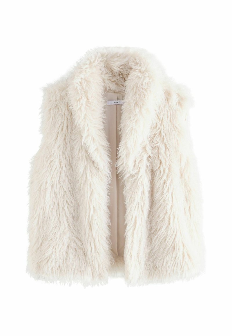 Hvid falsk pels ærmeløs vest med en bred krave og åben front, med en blød og fluffet tekstur.