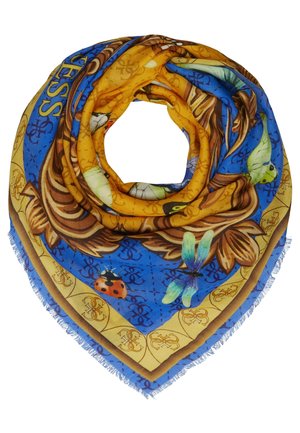 Square scarf folded into a triangle with yellow, blue, and brown colors, featuring illustrations of ladybugs, dragonflies, and leaves.