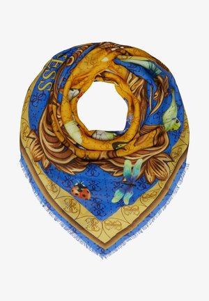 Foulard carré plié en triangle avec des couleurs jaune, bleu et marron, présentant des illustrations de coccinelles, de libellules et de feuilles.