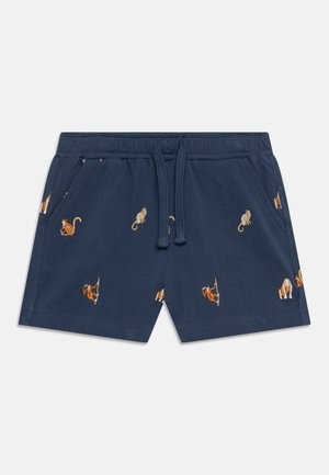 Shorts pour tout-petits bleu marine avec une taille élastique, un cordon de serrage, des poches latérales et de petits singes brodés dans différentes poses.