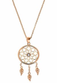 Roséguld hängande halsband med en cirkulär drömfångardesign som har en central sten och tre hängande bladberlocker.