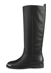 Knee-high black leather boots with a smooth texture, rounded toe, and silver accent on the toe. Featuring a low, flat heel and seamless design.