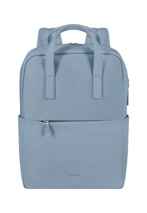 Light blue backpack with a smooth texture, featuring dual top handles, a zippered front pocket, and a minimalist design.