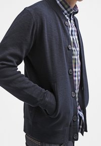 Mann in einer dunkelblauen, knöpfbaren Strickjacke über einem mehrfarbigen karierten Hemd, mit einer Hand in der Tasche, Oberkörper sichtbar.