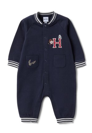 Pelele azul marino para bebé con puños a rayas blancas, botones de presión delanteros, dos bolsillos y bordado con temática de Harry Potter en el pecho.