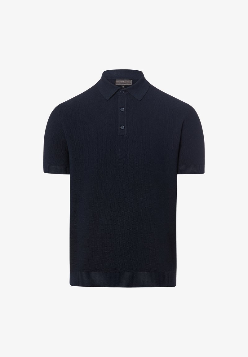 Marineblaues Poloshirt mit kurzen Ärmeln, gerippten Bündchen, Dreiknopf-Leiste und spitzem Kragen.