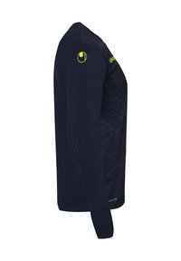 Cette chemise de sport à manches longues de couleur bleu marine présente un design ajusté, un logo jaune contrasté et des motifs graphiques texturés le long des manches.