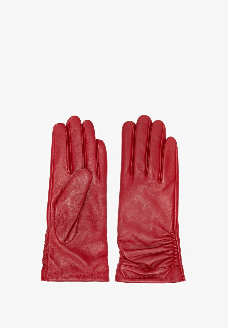 Czerwone skórzane rękawiczki o gładkiej fakturze, z detalem w postaci marszczonego nadgarstka i pięcioma palcami. Idealne na ciepło i w stylu.
