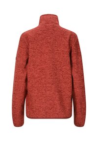 Röd, texturerad fleecejacka med hög krage och långa ärmar. Har ett subtilt melerat mönster och en rak nederkant.