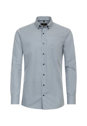 Langärmliges Hemd aus hellblauem Stoff mit Mikro-Muster, mit Button-Down-Kragen und dunklen Knöpfen. Verfügt über eine Brusttasche auf der linken Seite.