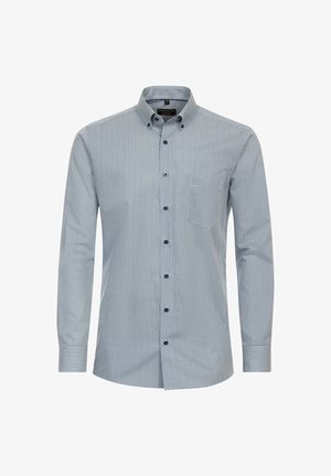 Langärmliges Hemd aus hellblauem Stoff mit Mikro-Muster, mit Button-Down-Kragen und dunklen Knöpfen. Verfügt über eine Brusttasche auf der linken Seite.