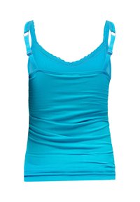 Turquoise mouwloze tanktop met verstelbare bandjes, kantafwerking langs de halslijn en geplooide details aan de voorkant.