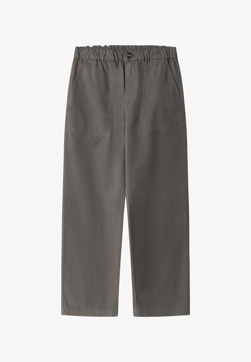 Graue, weit geschnittene Hose aus leichtem Stoff. Verfügt über einen elastischen Bund, Knopfverschluss und Vordertaschen. Glatte Textur.