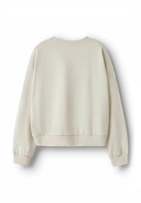 Pullover-Sweatshirt in Cremefarbe mit geripptem Rundhalsausschnitt, überschnittenen Schultern und elastischen Bündchen an Ärmeln und Saum. Glatte Textur mit minimalistischem Design.