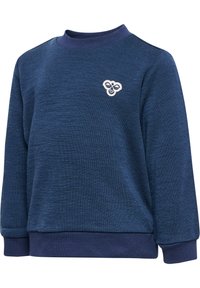 Mörkblå långärmad tröja med ribbat rundhuvud, manschetter och fåll, som har en liten vit och blå bi-logotyp på bröstet.