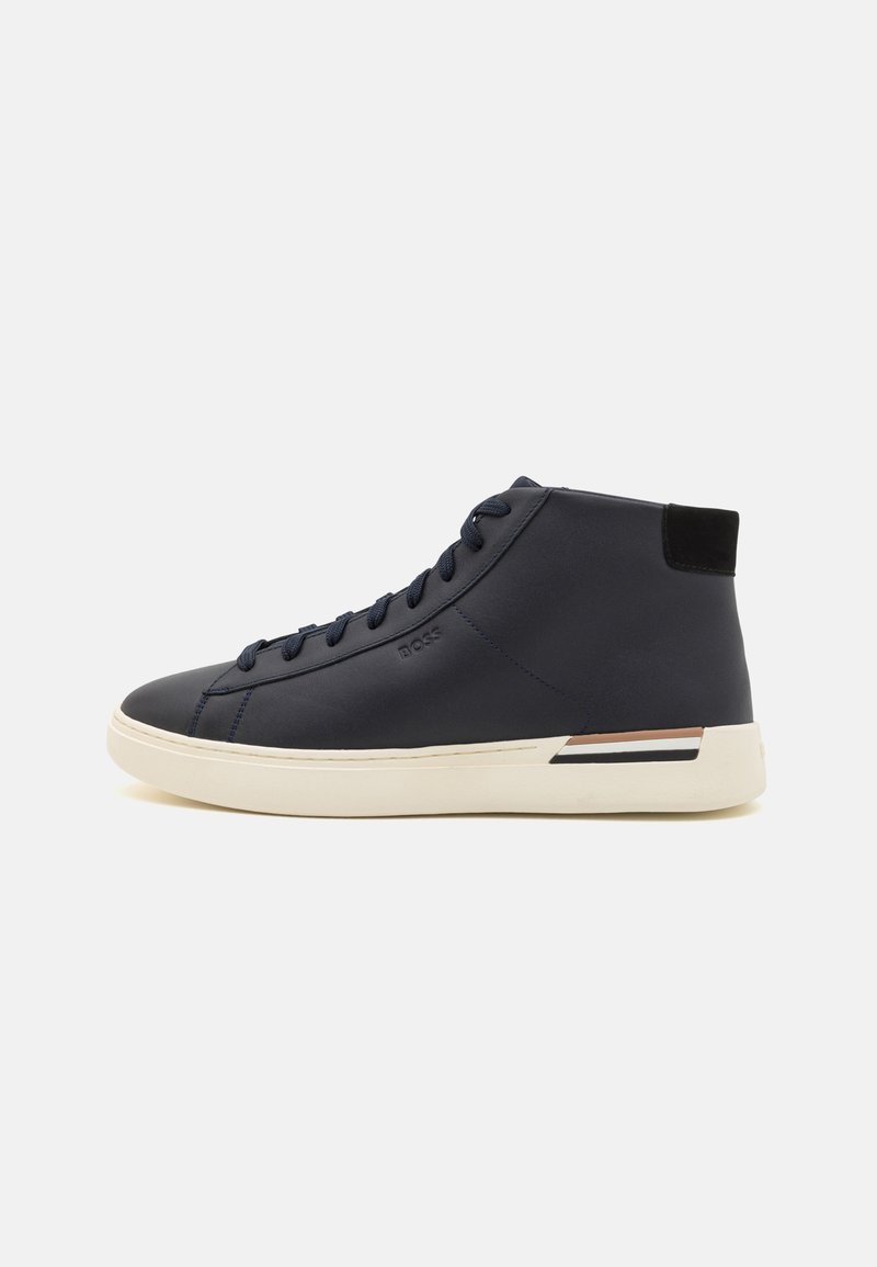 High-top sneakers in navy synthetic material with round toe, lace-up front, and contrasting white sole featuring subtle horizontal stripes.