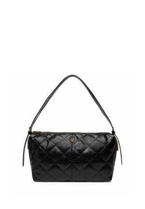 Borsa a tracolla nera in pelle trapuntata con cerniera dorata e piccolo logo dorato sulla parte anteriore, dotata di una singola tracolla sottile.