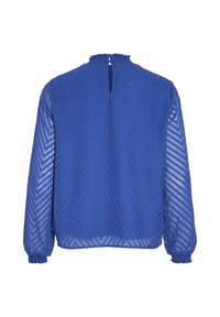 Blouse bleue à manches longues avec motif chevron, tissu transparent, col et poignets froncés, avec une ouverture en forme de trou de serrure au niveau de la nuque.