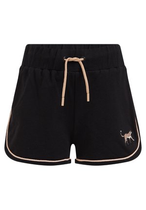 Czarne szorty z beżowym sznurkiem, beżowym obszyciem na krawędziach oraz małym haftowanym panterem na przedniej prawej nogawce.